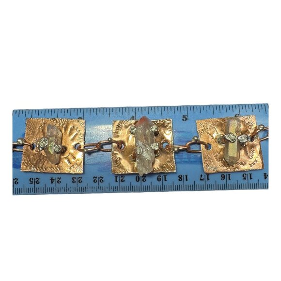 Handcrafted Copper Bracelet With Quartz Crystals & Hammered Metal Plates Artisan - Picture 6 of 12
